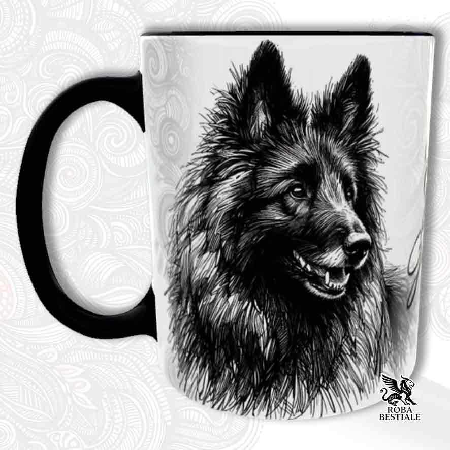 Tazza bianca con dettagli neri, stampata con un Pastore Belga Groenendael, grafica Doodle