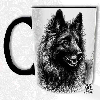 Tazza bianca con dettagli neri, stampata con un Pastore Belga Groenendael, grafica Doodle