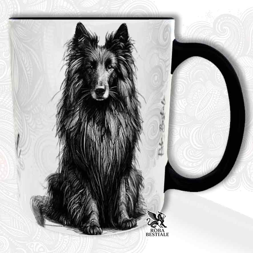 Tazza bianca con dettagli neri, stampata con un Pastore Belga Groenendael, grafica Doodle