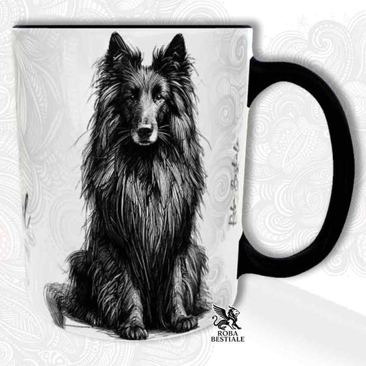 Tazza bianca con dettagli neri, stampata con un Pastore Belga Groenendael, grafica Doodle