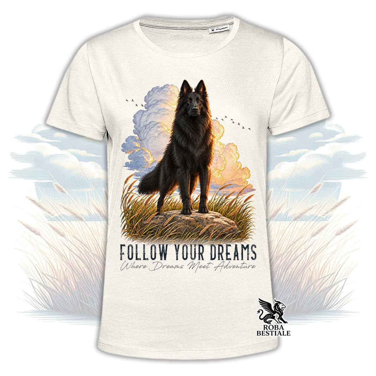 T-shirt beige stampata con un Pastore Belga Groenendael. Grafica originale Roba Bestiale, collezione Dream