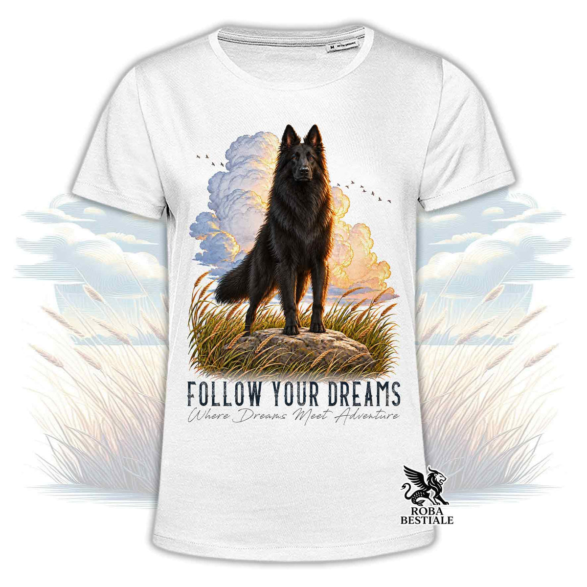 T-shirt bianca stampata con un Pastore Belga Groenendael. Grafica originale Roba Bestiale, collezione Dream