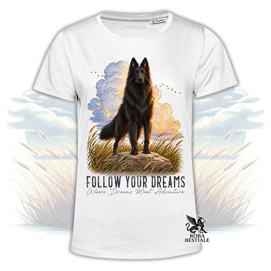 T-shirt bianca stampata con un Pastore Belga Groenendael. Grafica originale Roba Bestiale, collezione Dream
