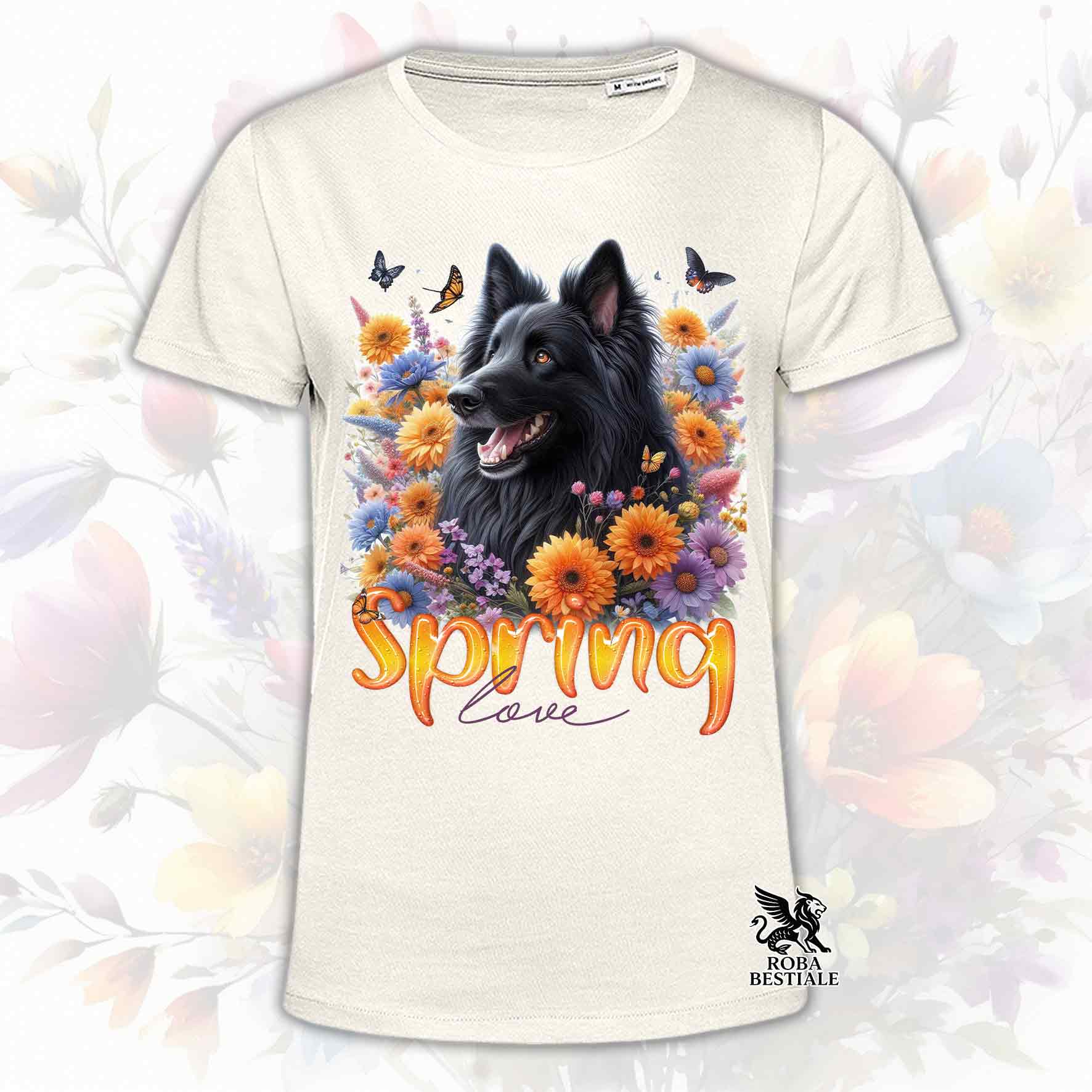 Una t-shirt beige stampata con un Pastore Belga Groenendael immerso in fiori colorati. Collezione Spring Love di Roba Bestiale