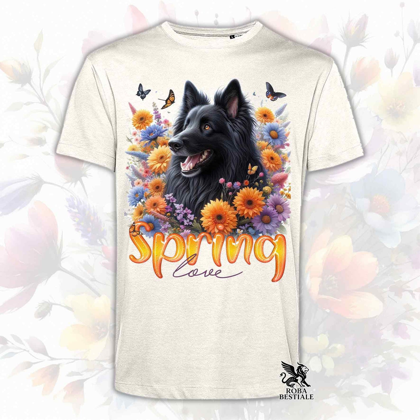 Una t-shirt beige stampata con un Pastore Belga Groenendael immerso in fiori colorati. Collezione Spring Love di Roba Bestiale