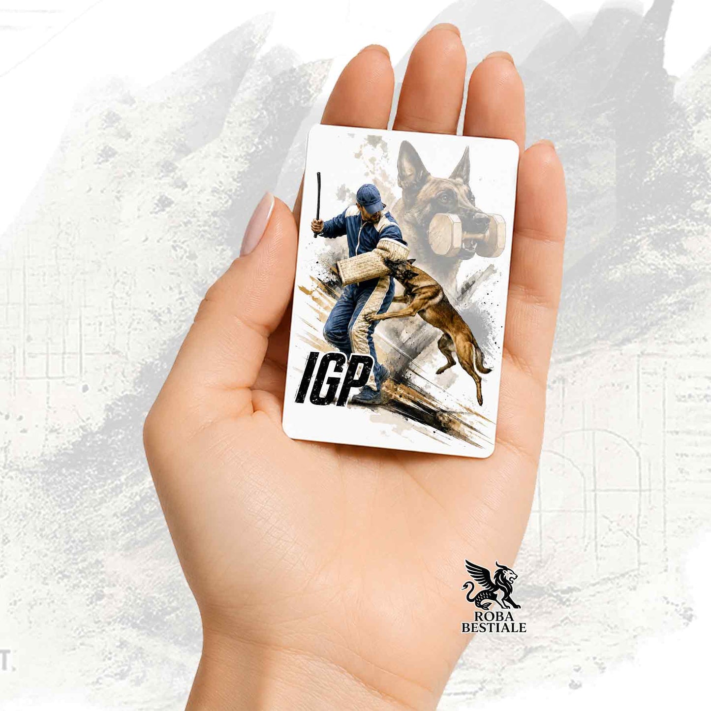 Calamita in MDF stampata con un Pastore Belga Malinois che fa IGP, grafica Zero Distance di Roba Bestiale