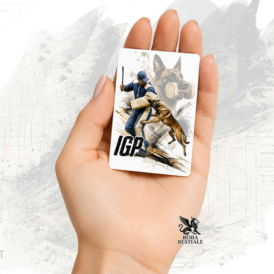 Calamita in MDF stampata con un Pastore Belga Malinois che fa IGP, grafica Zero Distance di Roba Bestiale