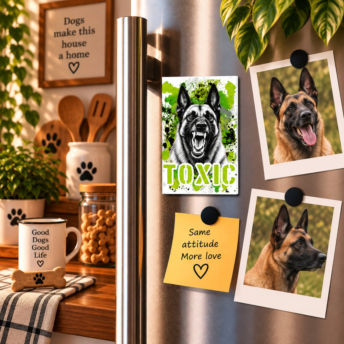Calamita in MDF con la stampa di un Pastore Belga Malinois. Idea regalo per amanti dei cani, da Roba Bestiale