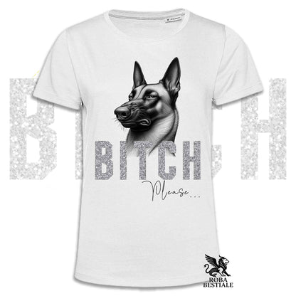 T-shirt bianca stampata con un Pastore  Belga Malinois con espressione disgustata. Grafica originale Roba Bestiale, collezione Bitch Please