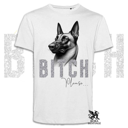 T-shirt bianca stampata con un Pastore  Belga Malinois con espressione disgustata. Grafica originale Roba Bestiale, collezione Bitch Please