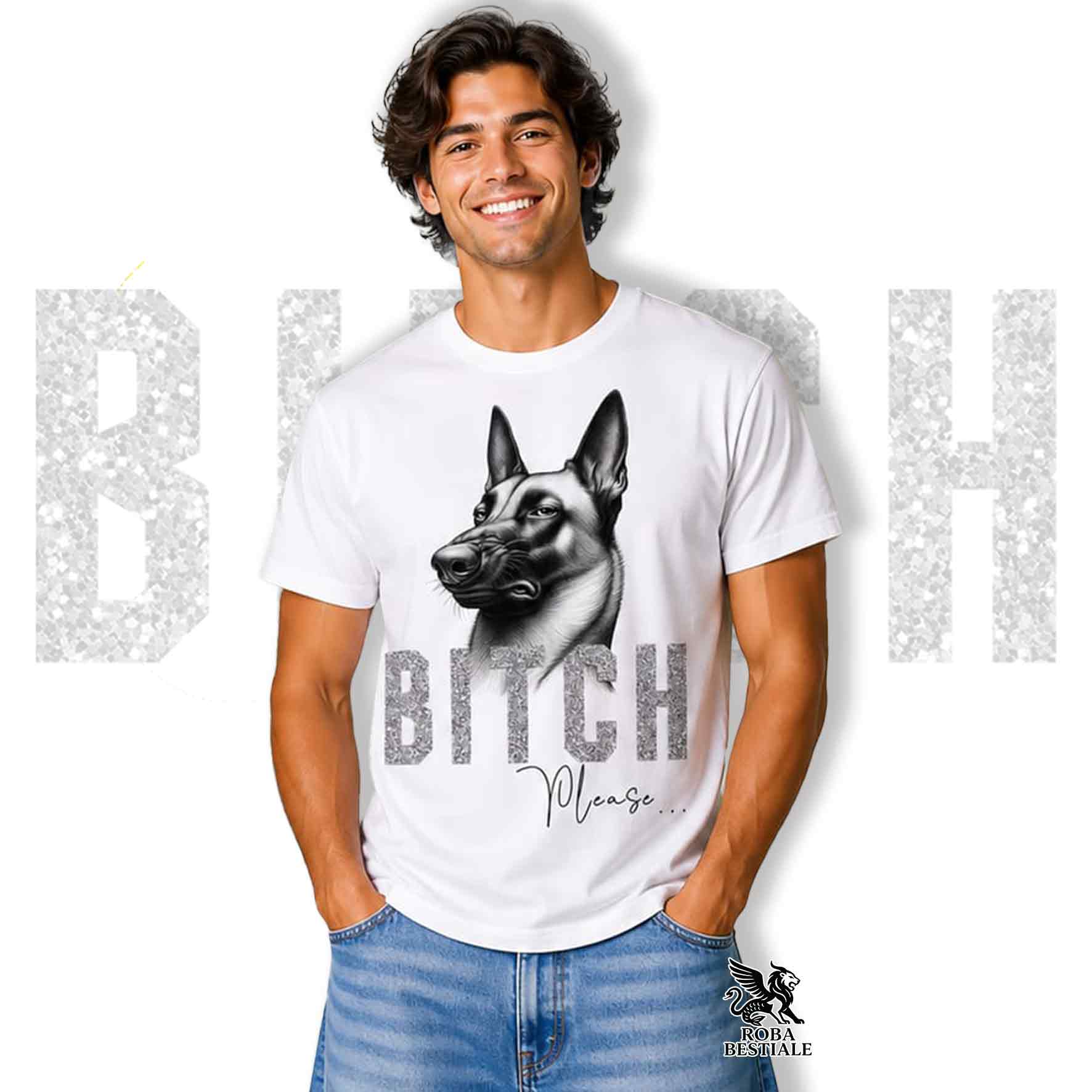 T-shirt bianca stampata con un Pastore  Belga Malinois con espressione disgustata. Grafica originale Roba Bestiale, collezione Bitch Please