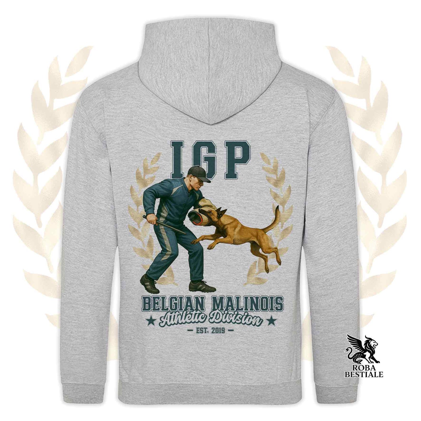 Una felpa con cappuccio e tasconi stampata con un Pastore Belga Malinois che fa IGP. Grafica originale Roba Bestiale