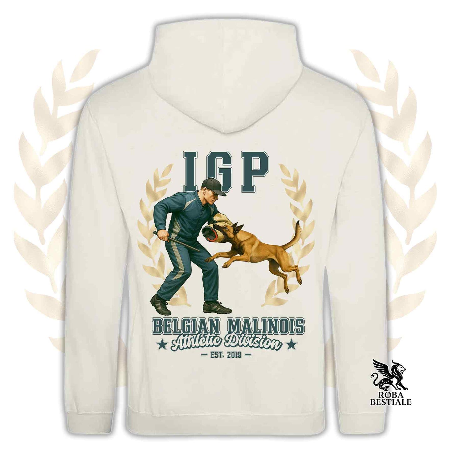 Una felpa con cappuccio e tasconi stampata con un Pastore Belga Malinois che fa IGP. Grafica originale Roba Bestiale
