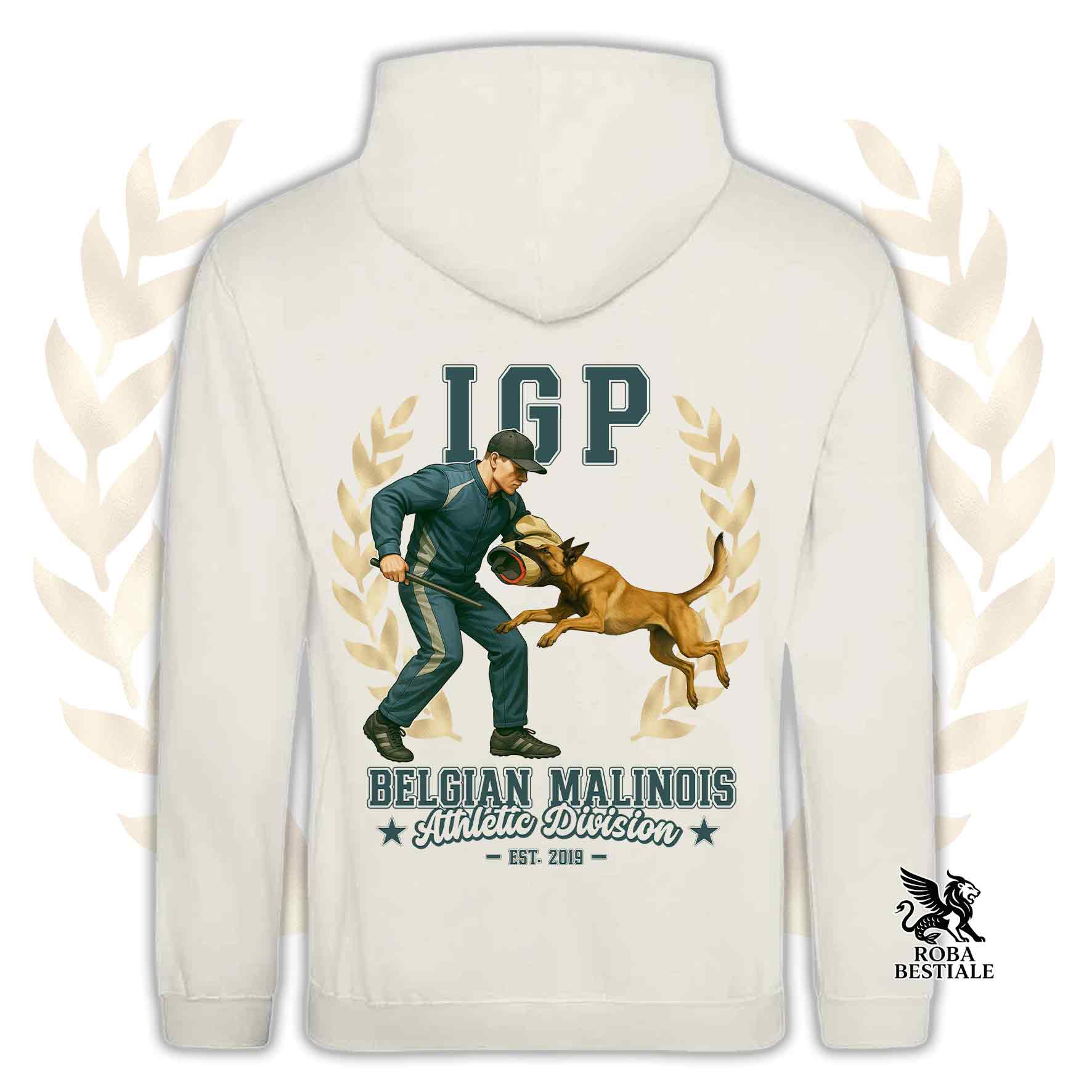 Una felpa con cappuccio e tasconi stampata con un Pastore Belga Malinois che fa IGP. Grafica originale Roba Bestiale