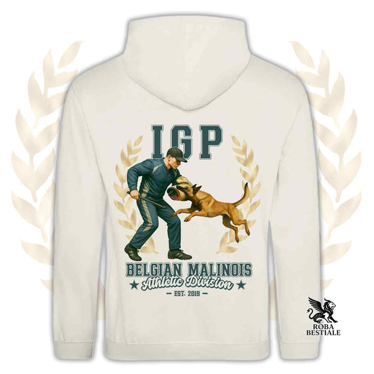 Una felpa con cappuccio e tasconi stampata con un Pastore Belga Malinois che fa IGP. Grafica originale Roba Bestiale