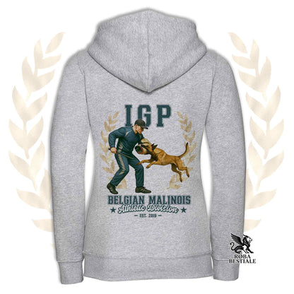 Una felpa con cappuccio e zip stampata con un Pastore Belga Malinois che fa IGP. Grafica originale Roba Bestiale