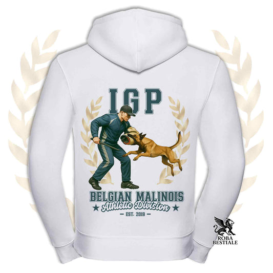 Una felpa con cappuccio e zip stampata con un Pastore Belga Malinois che fa IGP. Grafica originale Roba Bestiale