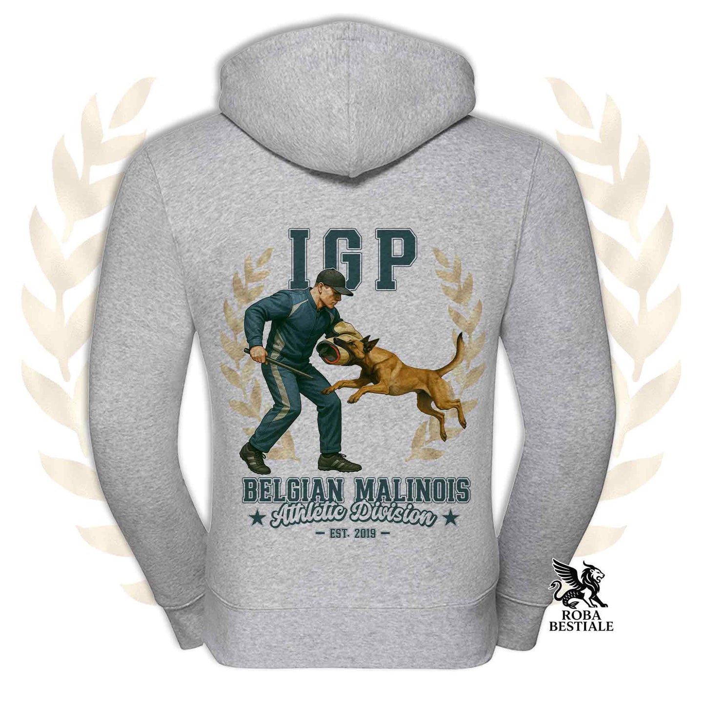 Una felpa con cappuccio e zip stampata con un Pastore Belga Malinois che fa IGP. Grafica originale Roba Bestiale
