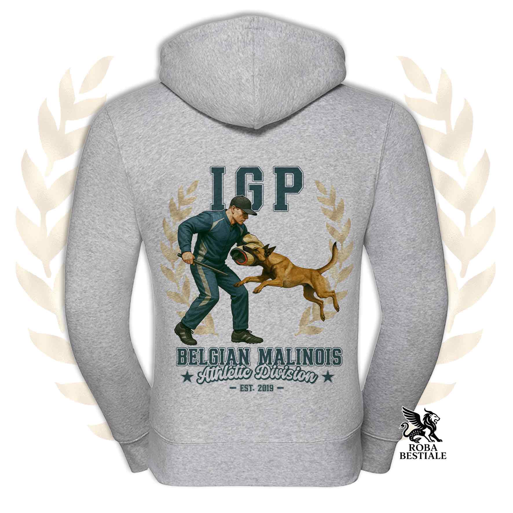 Una felpa con cappuccio e zip stampata con un Pastore Belga Malinois che fa IGP. Grafica originale Roba Bestiale
