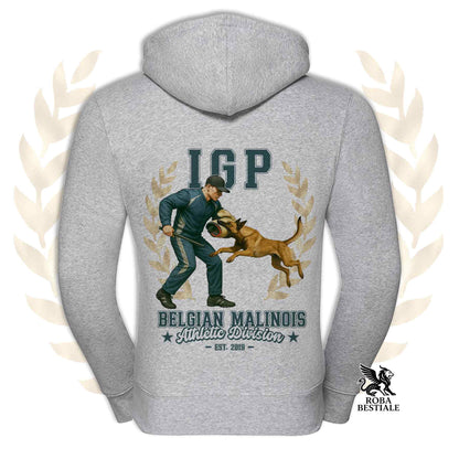 Una felpa con cappuccio e zip stampata con un Pastore Belga Malinois che fa IGP. Grafica originale Roba Bestiale