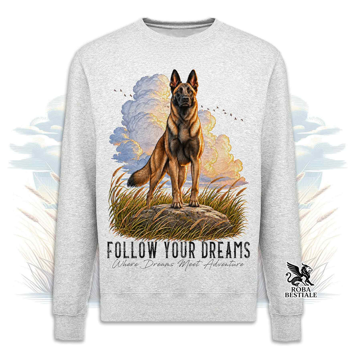 Sweat-shirt d'hiver CITATIONS "DREAM" - BERGER BELGE MALINOIS - Col rond, Unisexe - Off White, Blanc ou Gris - du XS au 3XL