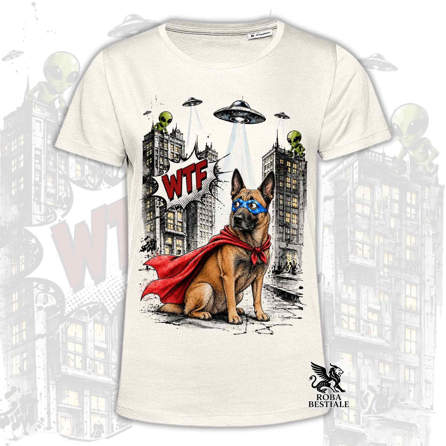 T-shirt beige stampata con un Pastore Belga Malinois con espressione sorpresa, vestito da Super Eroe. Grafica originale Roba Bestiale, collezione Hero