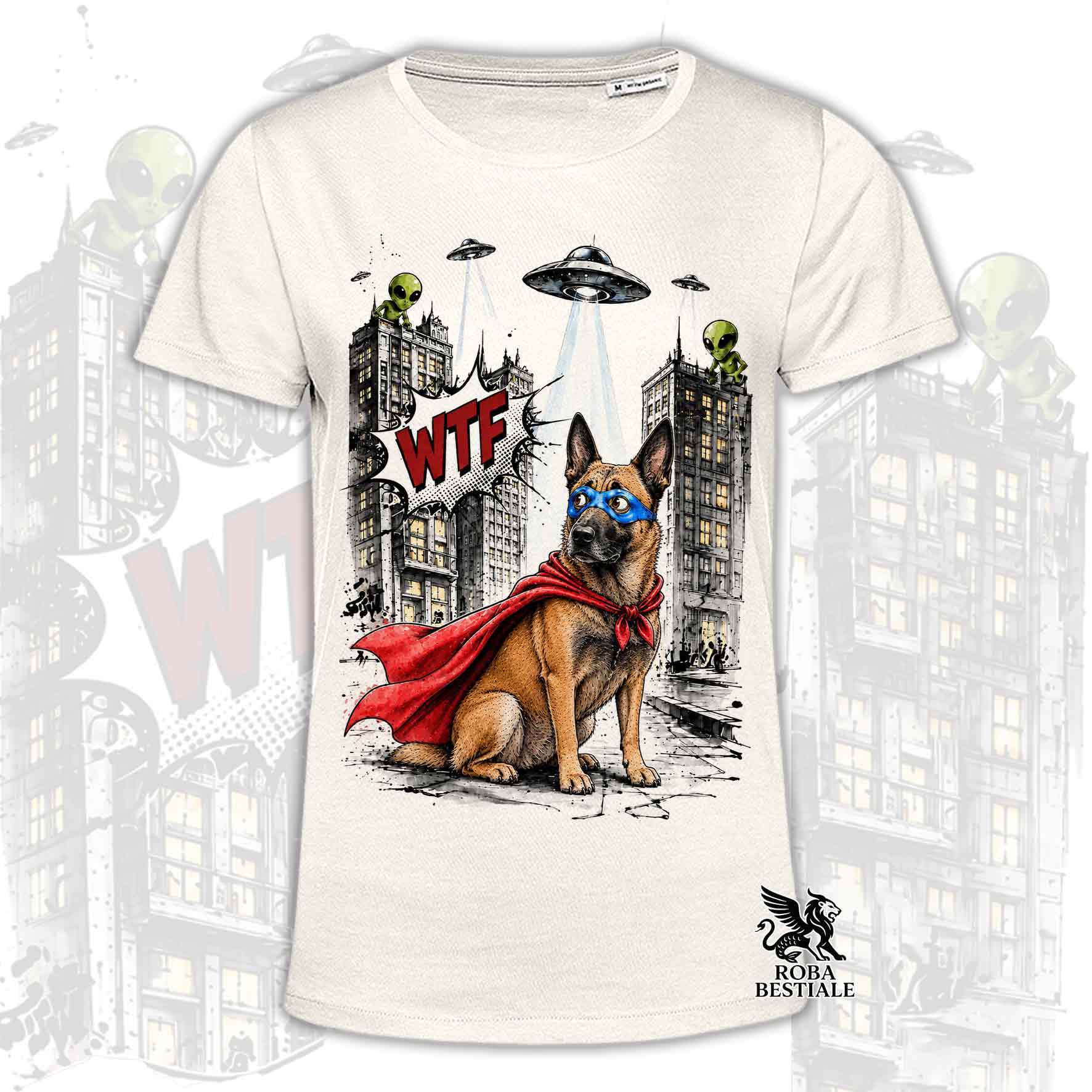 T-shirt beige stampata con un Pastore Belga Malinois con espressione sorpresa, vestito da Super Eroe. Grafica originale Roba Bestiale, collezione Hero