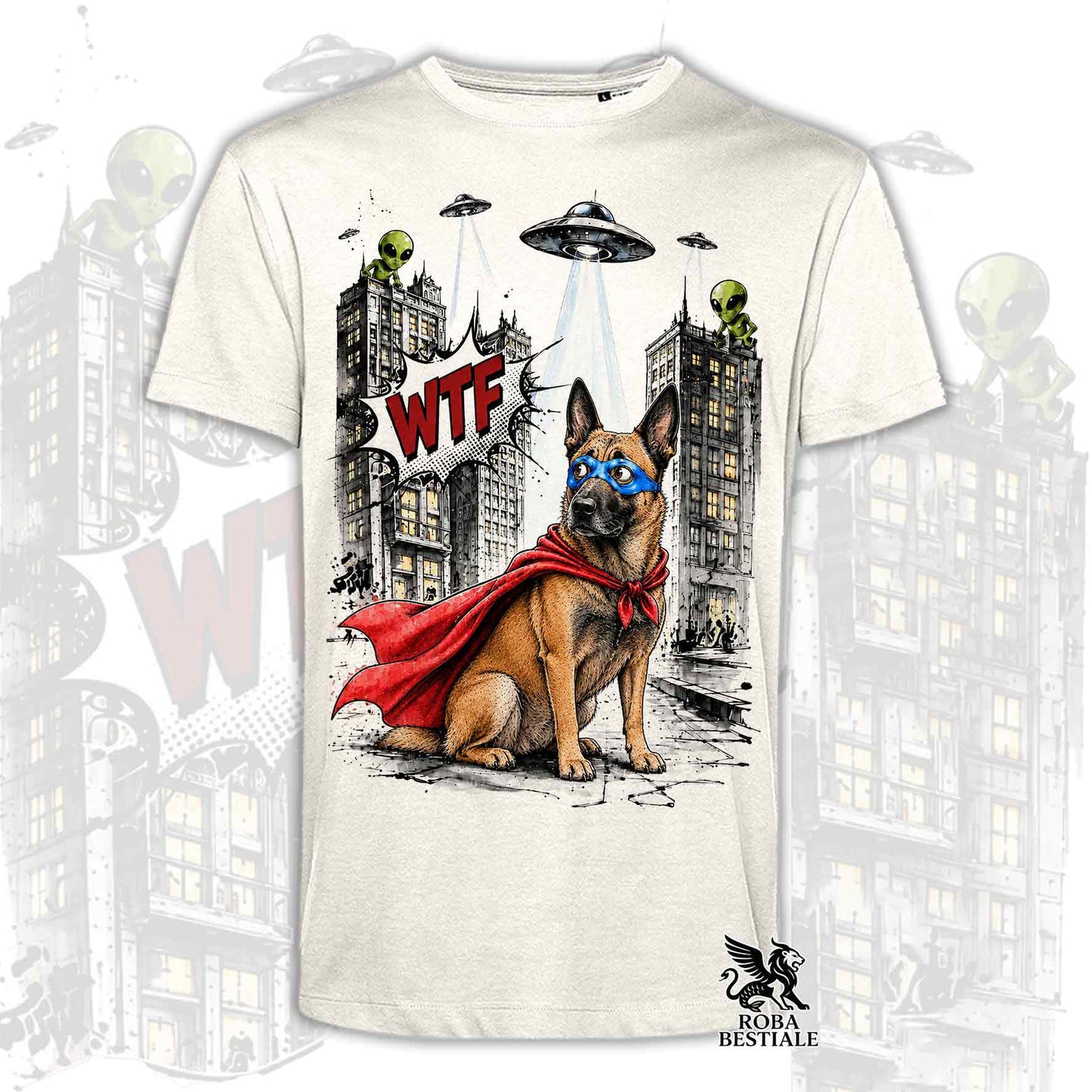 T-shirt beige stampata con un Pastore Belga Malinois con espressione sorpresa, vestito da Super Eroe. Grafica originale Roba Bestiale, collezione Hero