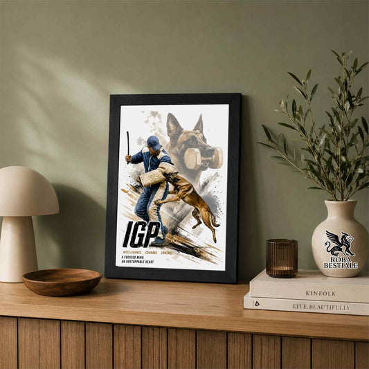 Stampa con cornice in legno con un Pastore Belga Malinois che pratica IGP. Grafica Zero Distance, originale Roba Bestiale