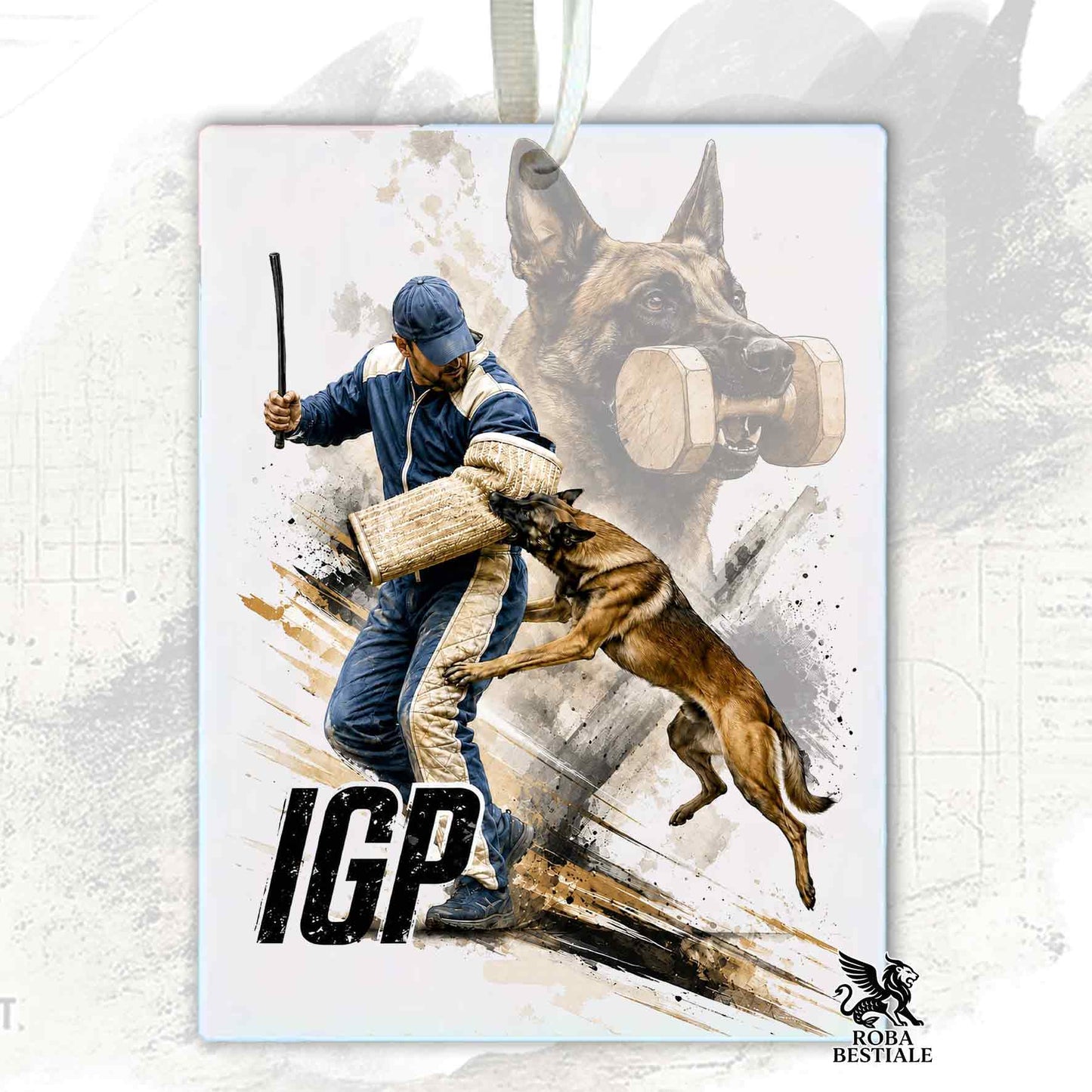 Profumatore in feltro con la stampa di un Pastore Belga Malinois che pratica IGP. Grafica originale Roba Bestiale