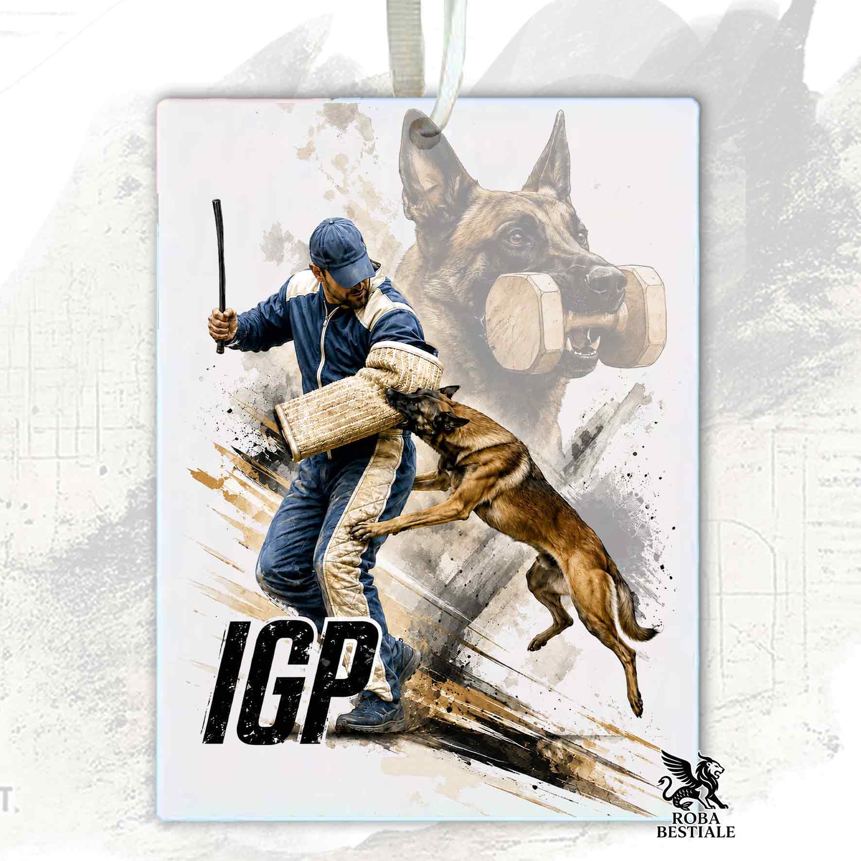Profumatore in feltro con la stampa di un Pastore Belga Malinois che pratica IGP. Grafica originale Roba Bestiale