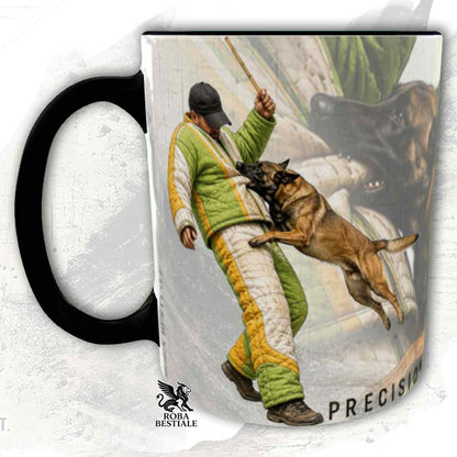 Tazza bianca con dettagli neri stampata una grafica originale di Roba Bestiale con un Pastore Belga Malinois che fa Mondioring