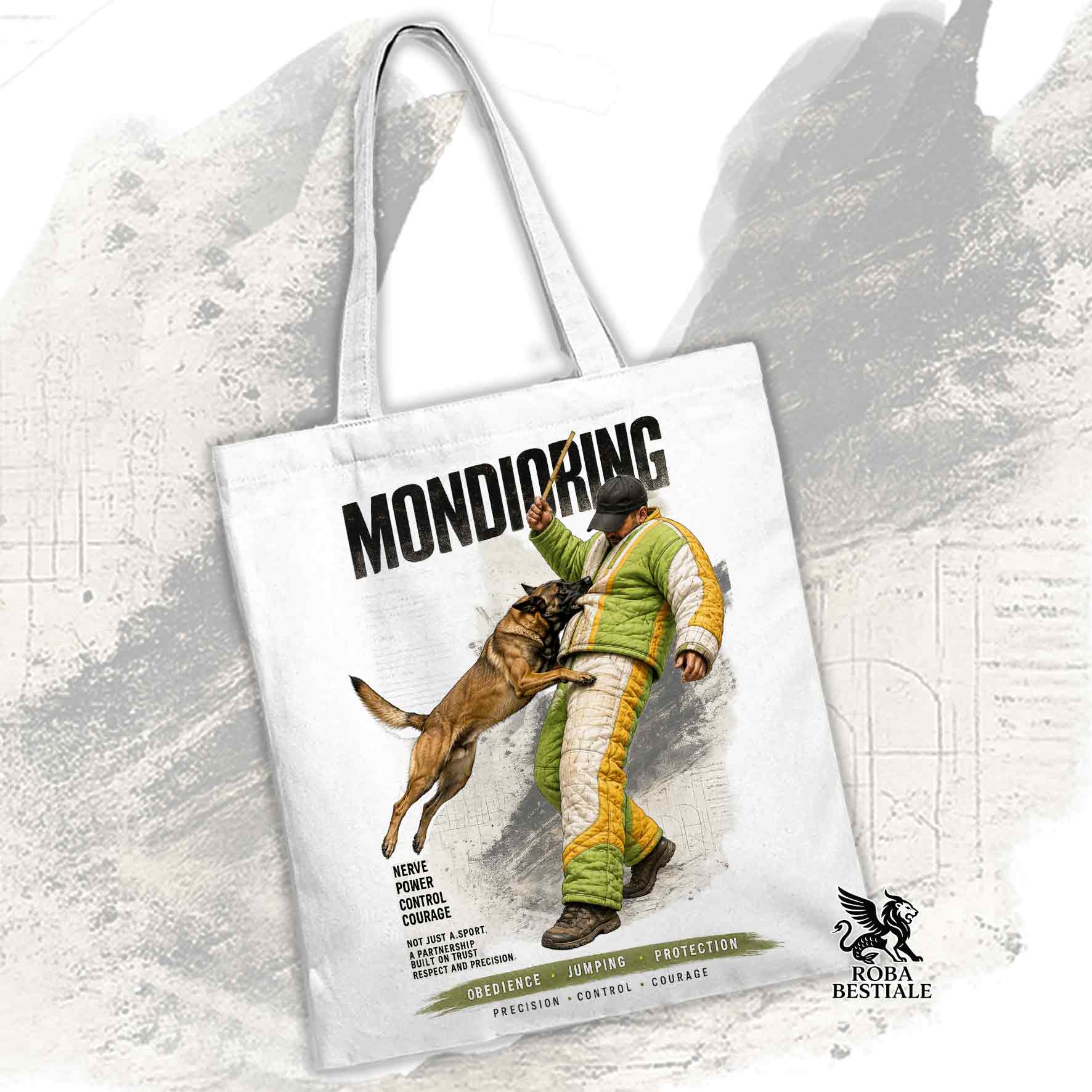 Borsa Tote bianca con stampata una grafica originale di Roba Bestiale con un Pastore Belga Malinois che fa Mondioring