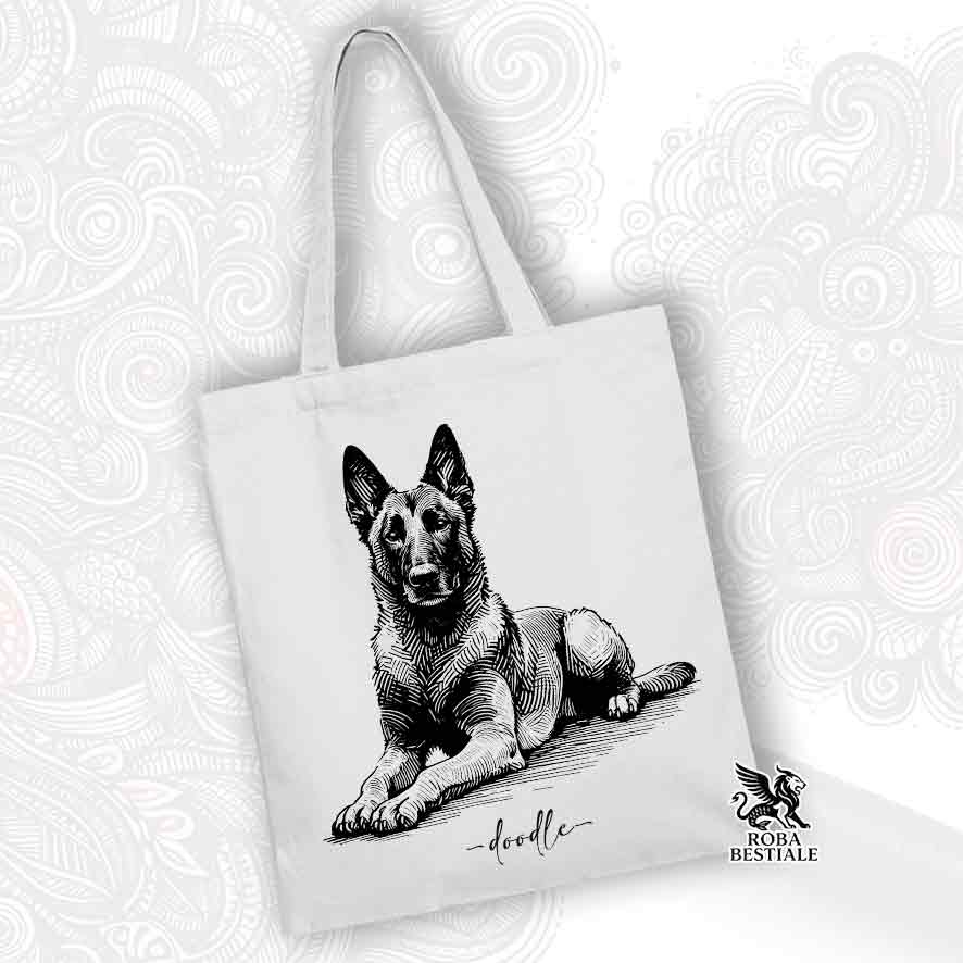 Tote bag bianca stampata con un Pastore Belga Malinois, grafica Doodle