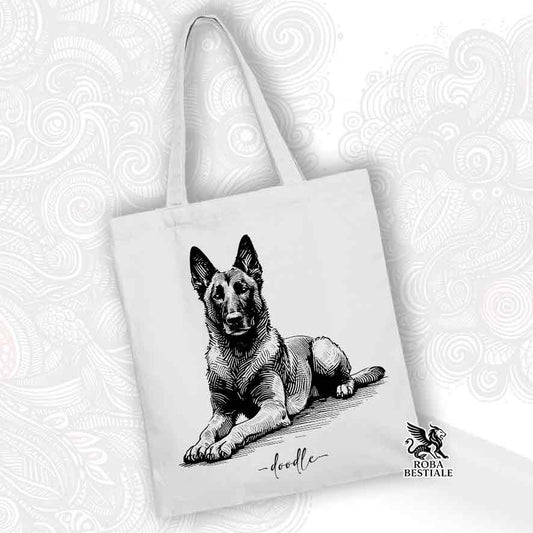 Tote bag bianca stampata con un Pastore Belga Malinois, grafica Doodle