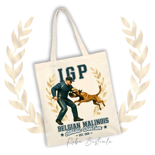 Borsa shopper stampata con un Pastore Belga Malinois che fa IGP. Grafica originale Roba Bestiale