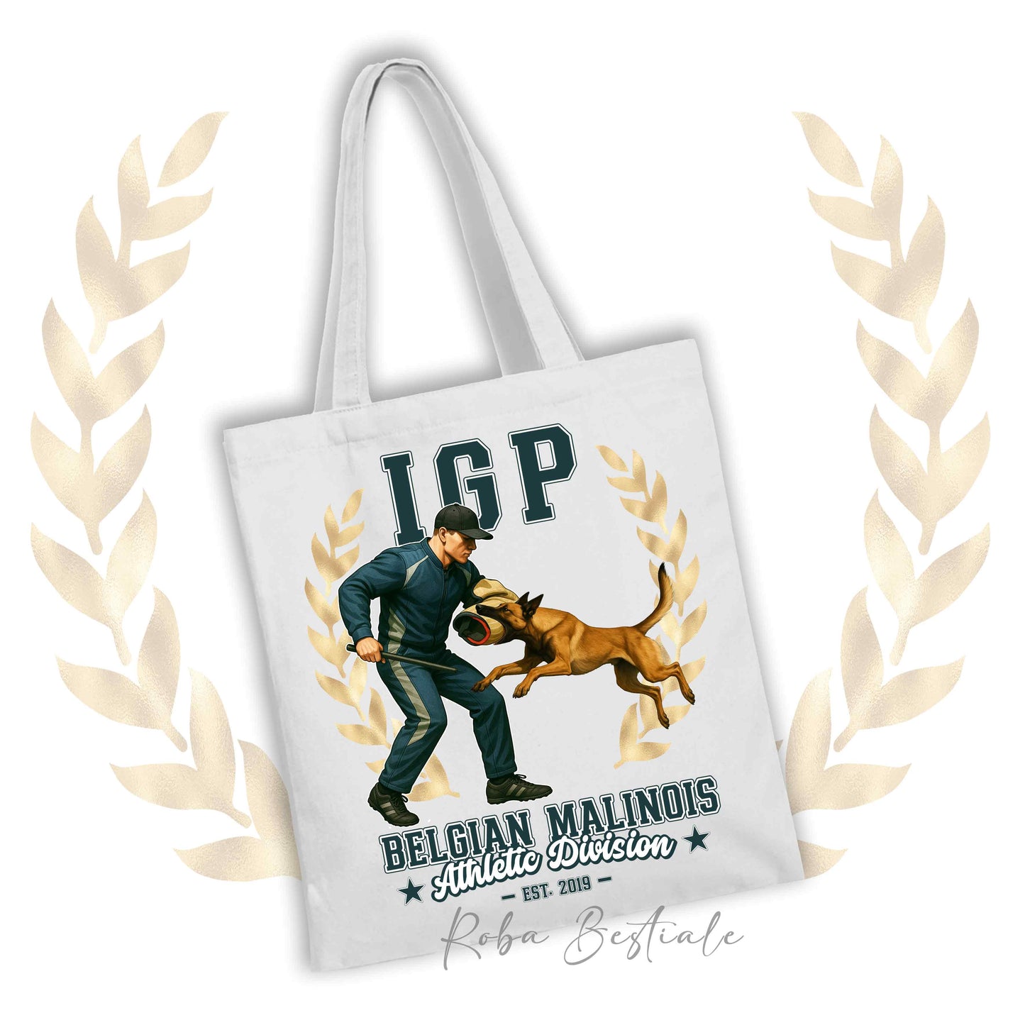 Borsa shopper stampata con un Pastore Belga Malinois che fa IGP. Grafica originale Roba Bestiale