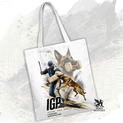 Borsa Tote bianca con stampata una grafica originale di Roba Bestiale con un Pastore Belga Malinois che fa IGP