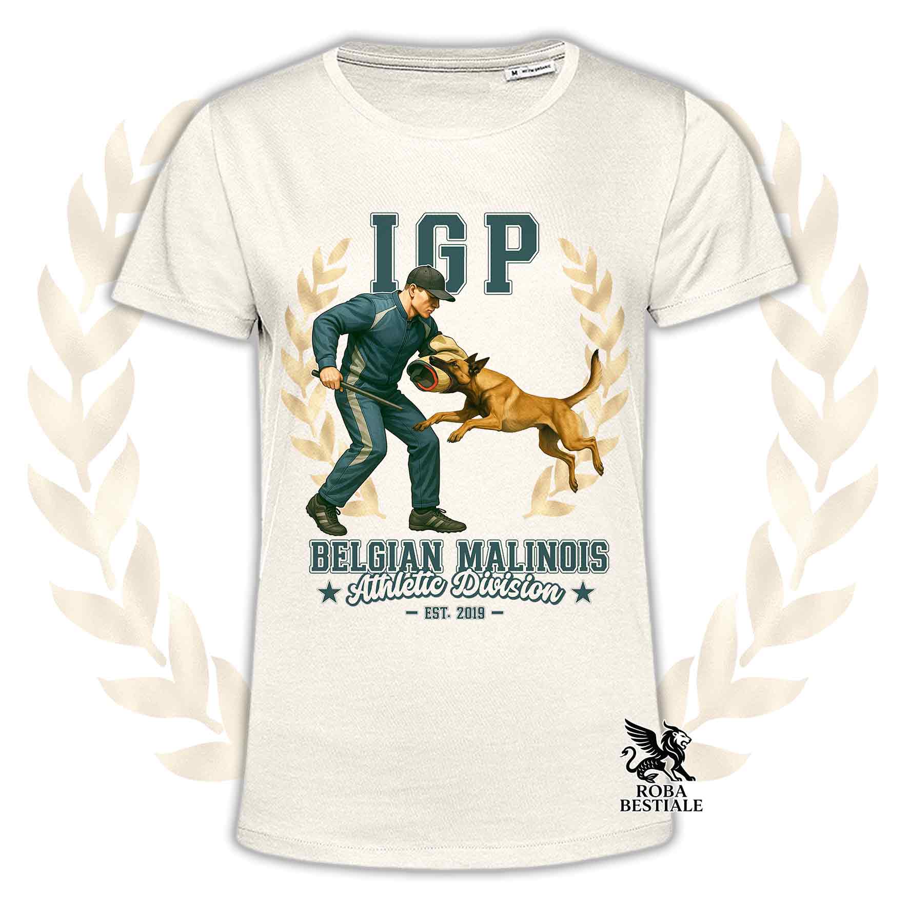 Una t-shirt stampata con un Pastore Belga Malinois che fa IGP. Grafica originale Roba Bestiale