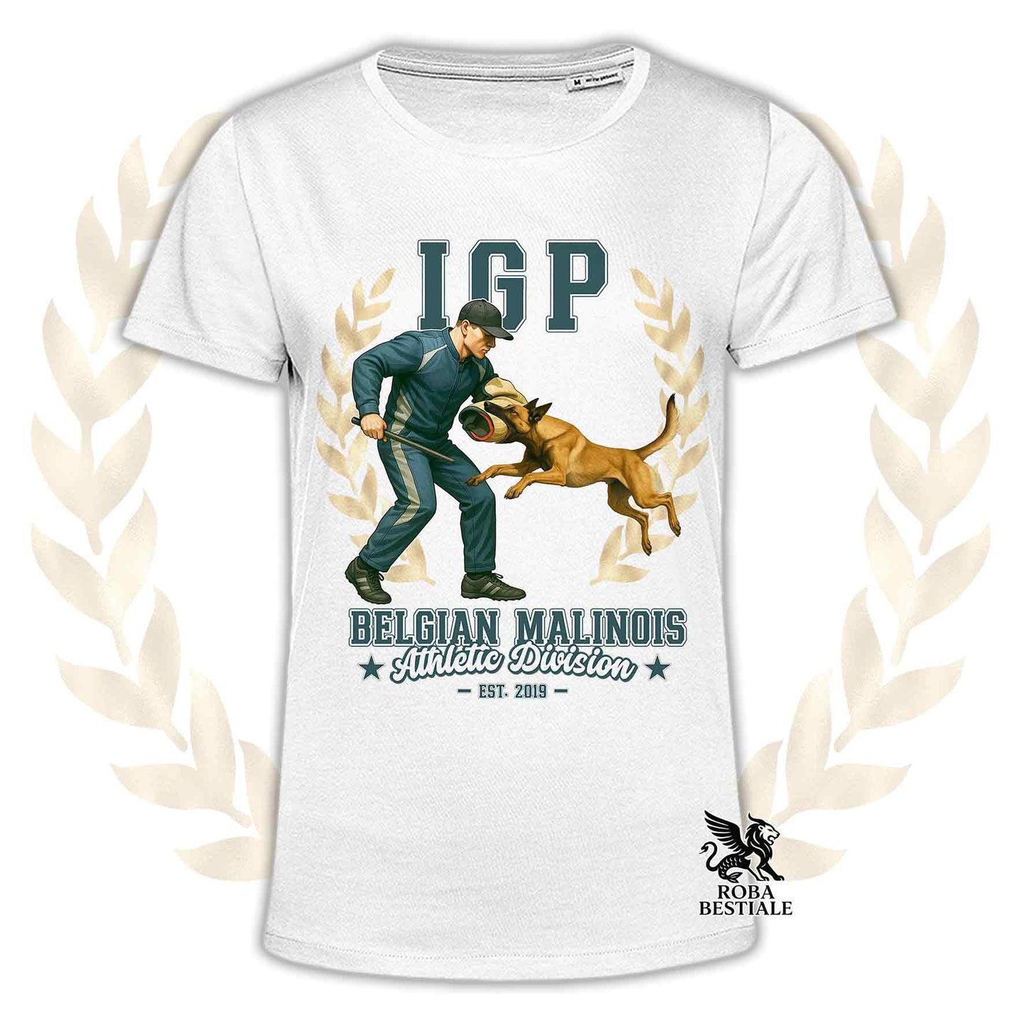 Una t-shirt stampata con un Pastore Belga Malinois che fa IGP. Grafica originale Roba Bestiale