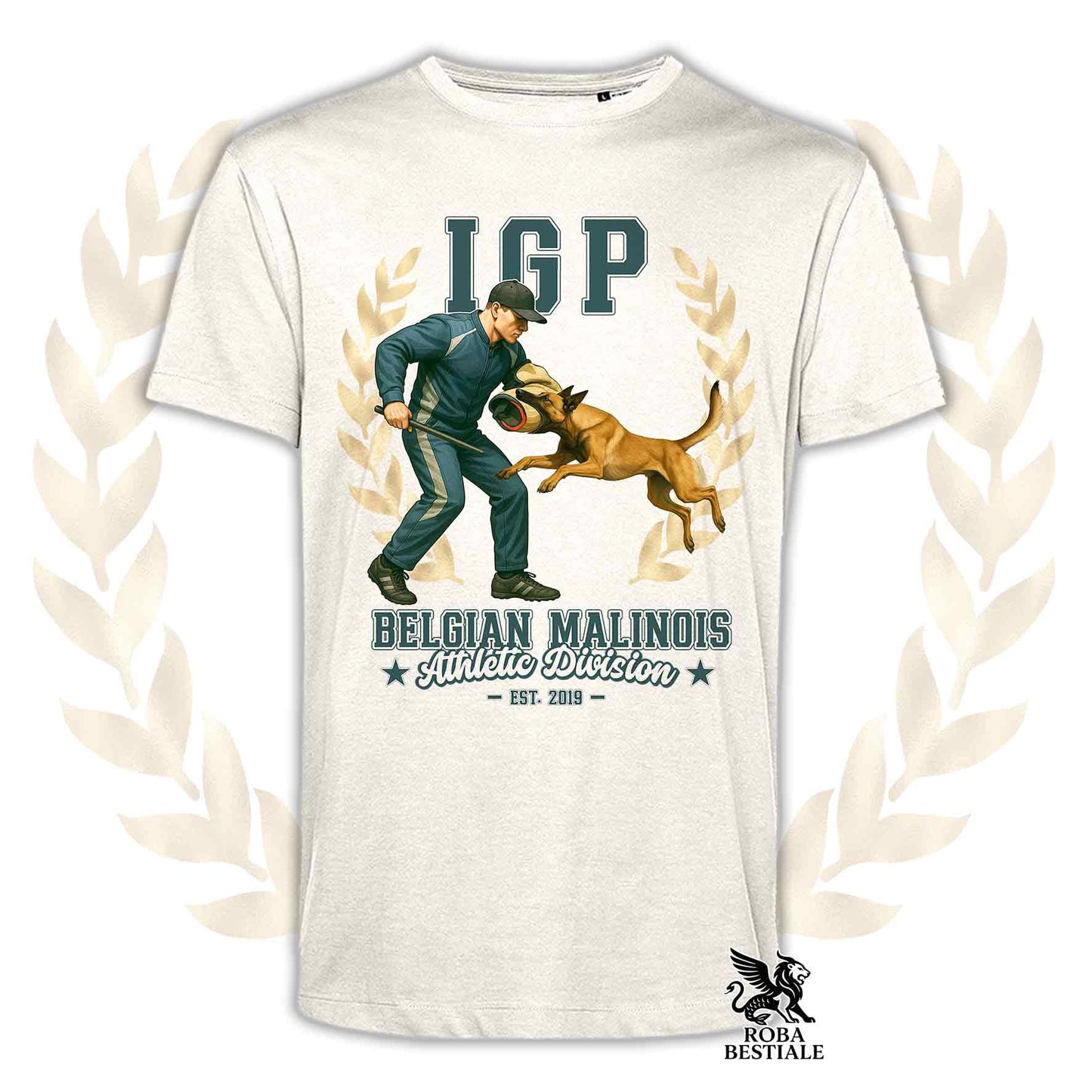 Una t-shirt stampata con un Pastore Belga Malinois che fa IGP. Grafica originale Roba Bestiale