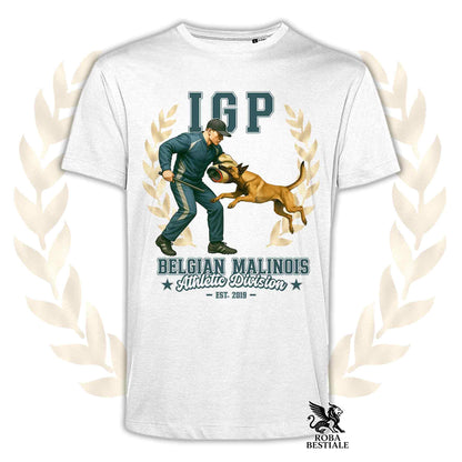 Una t-shirt stampata con un Pastore Belga Malinois che fa IGP. Grafica originale Roba Bestiale
