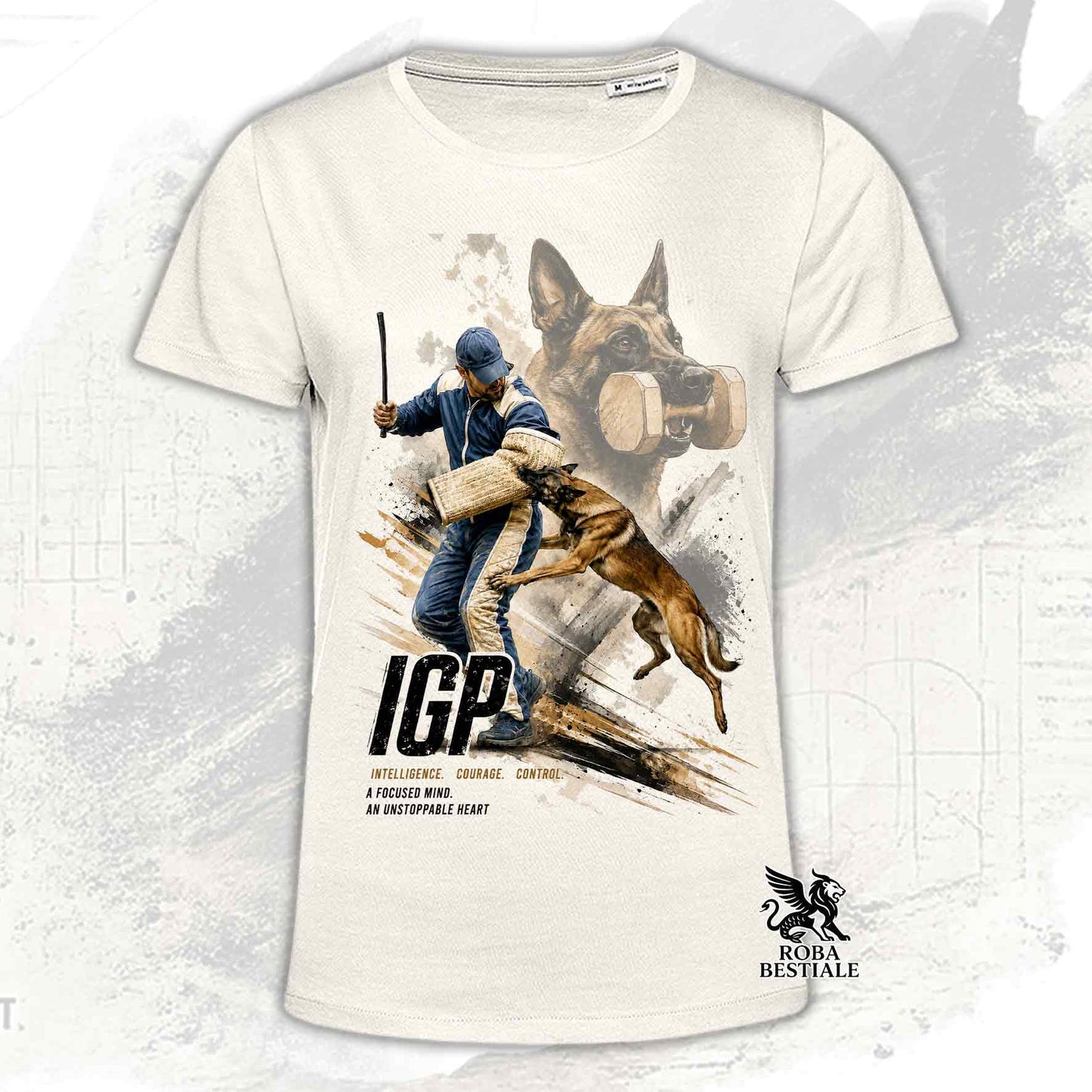 T-shirt beige stampata con un Pastore Belga Malinois in una grafica dedicata all'IGP, collezione Zero DIstance di Roba Bestiale