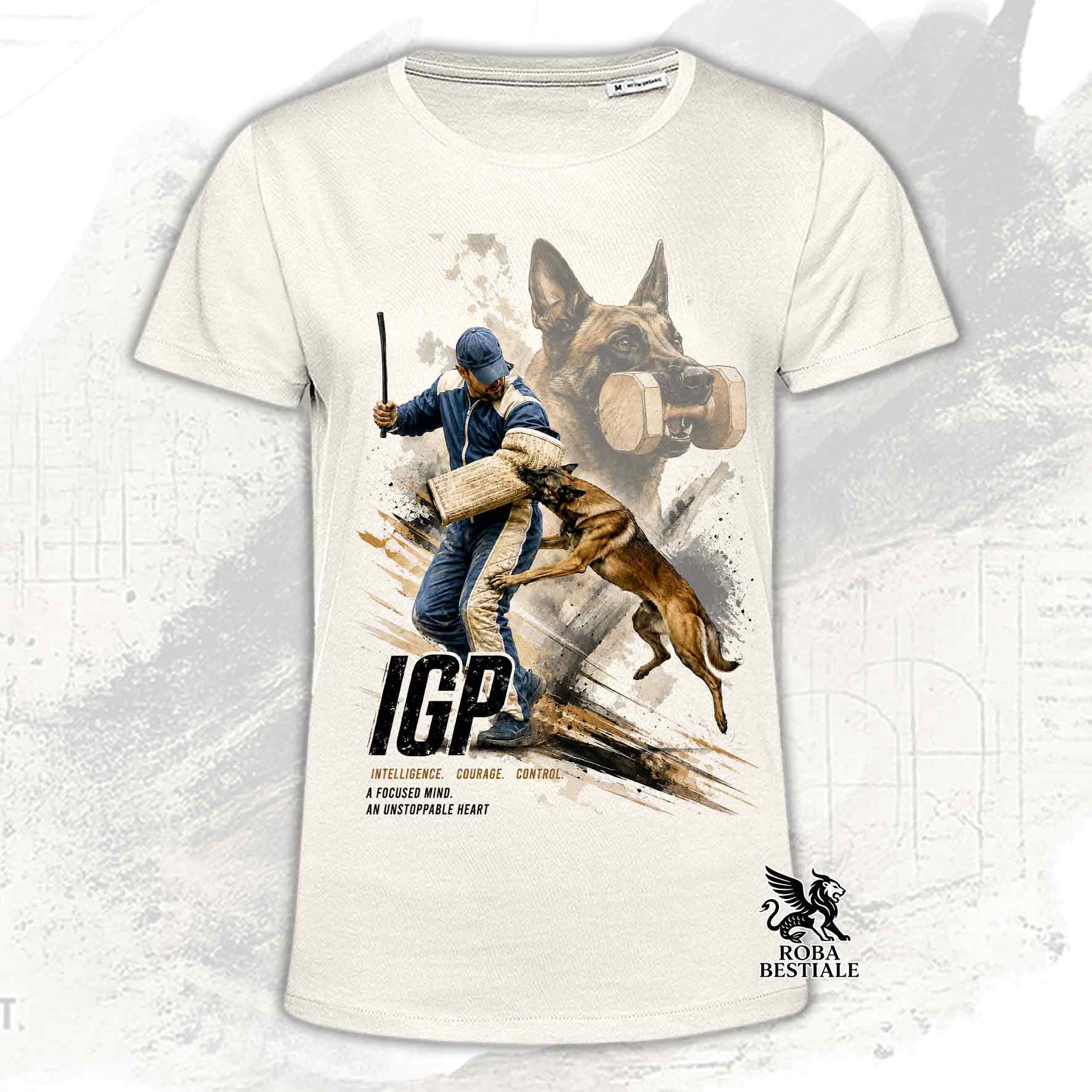 T-shirt beige stampata con un Pastore Belga Malinois in una grafica dedicata all'IGP, collezione Zero DIstance di Roba Bestiale