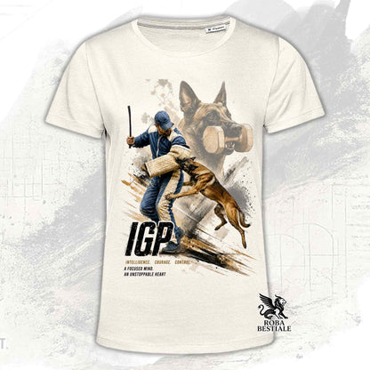 T-shirt beige stampata con un Pastore Belga Malinois in una grafica dedicata all'IGP, collezione Zero DIstance di Roba Bestiale