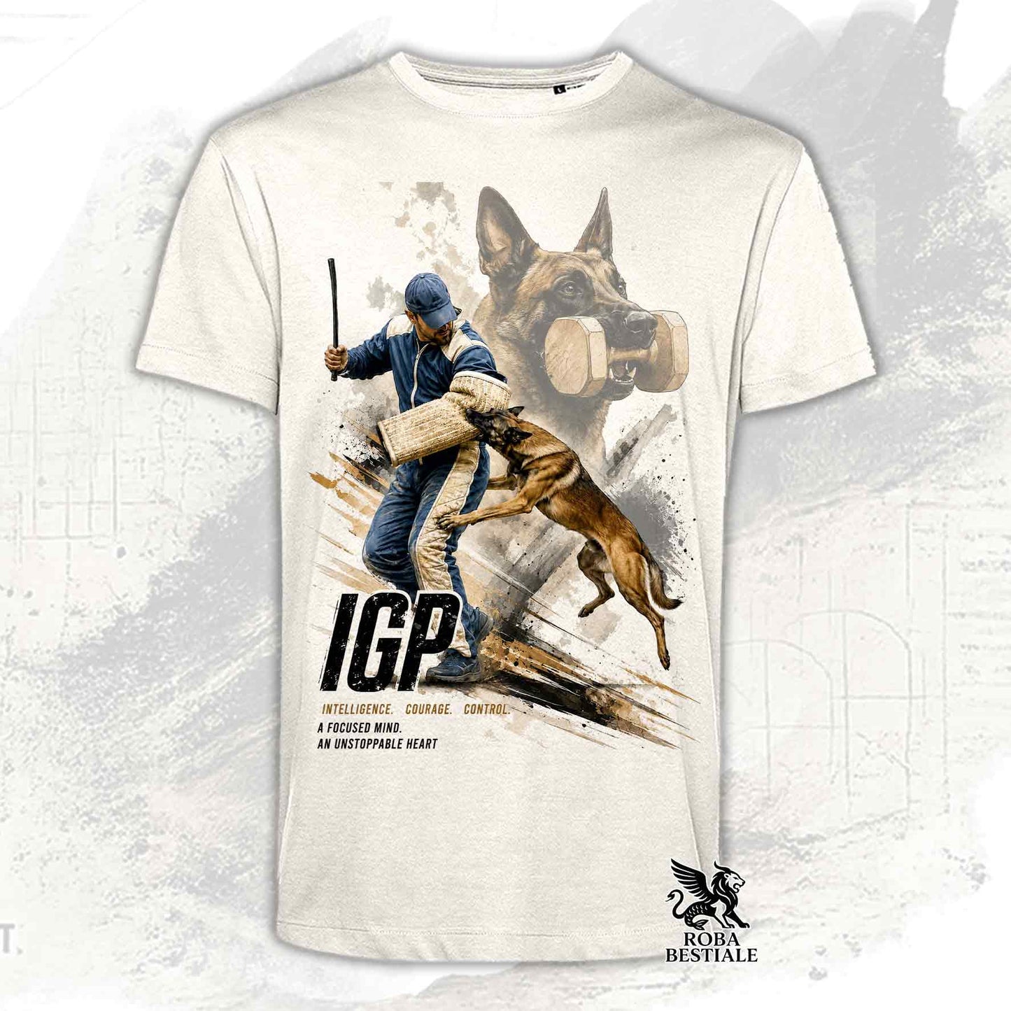 T-shirt beige stampata con un Pastore Belga Malinois in una grafica dedicata all'IGP, collezione Zero DIstance di Roba Bestiale