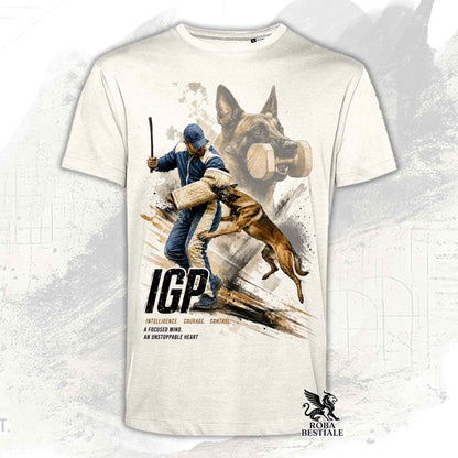 T-shirt beige stampata con un Pastore Belga Malinois in una grafica dedicata all'IGP, collezione Zero DIstance di Roba Bestiale