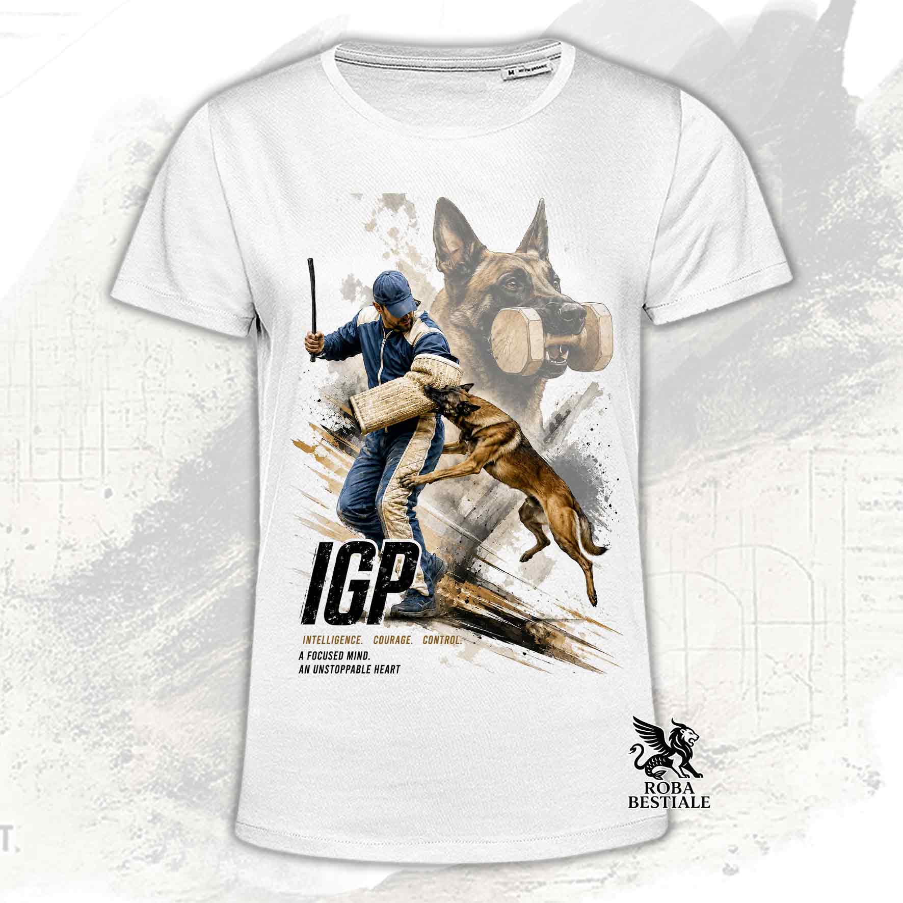 T-shirt bianca stampata con un Pastore Belga Malinois in una grafica dedicata all'IGP, collezione Zero DIstance di Roba Bestiale