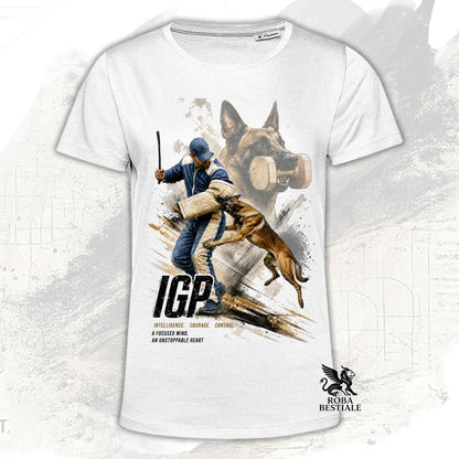 T-shirt bianca stampata con un Pastore Belga Malinois in una grafica dedicata all'IGP, collezione Zero DIstance di Roba Bestiale