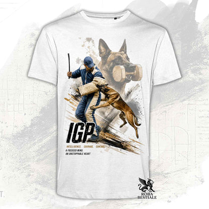 T-shirt bianca stampata con un Pastore Belga Malinois in una grafica dedicata all'IGP, collezione Zero DIstance di Roba Bestiale